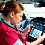 ** Paramedics in a modern ambulance using a tablet displaying patient medical data (e.g., allergies, medical history) to quickly assess an unconscious patient. Focus on the urgency and technology.

**