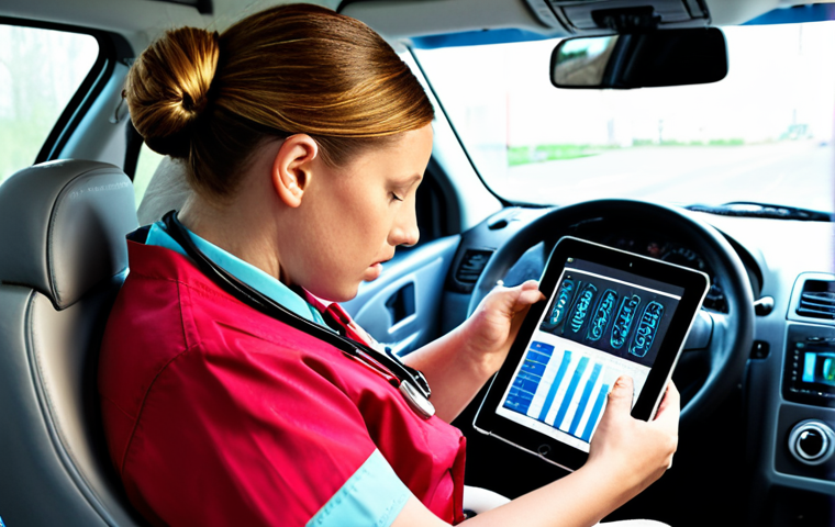 ** Paramedics in a modern ambulance using a tablet displaying patient medical data (e.g., allergies, medical history) to quickly assess an unconscious patient. Focus on the urgency and technology.

**