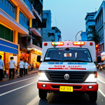 A powerful, cinematic shot of a modern Vietnamese ambulance with flashing lights, speeding through the blurred, bustling streets of Saigon at dusk. The focus should be on the implied urgency and the dedicated, almost unseen, emergency medical staff inside, conveying their unwavering commitment to rushing into danger. Emphasize a sense of quiet heroism and determination.