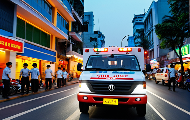 A powerful, cinematic shot of a modern Vietnamese ambulance with flashing lights, speeding through the blurred, bustling streets of Saigon at dusk. The focus should be on the implied urgency and the dedicated, almost unseen, emergency medical staff inside, conveying their unwavering commitment to rushing into danger. Emphasize a sense of quiet heroism and determination.